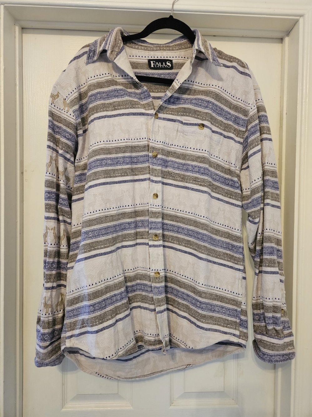 Falls Creek Men’s Striped Button-Down Shirt in White, Blue & Brown